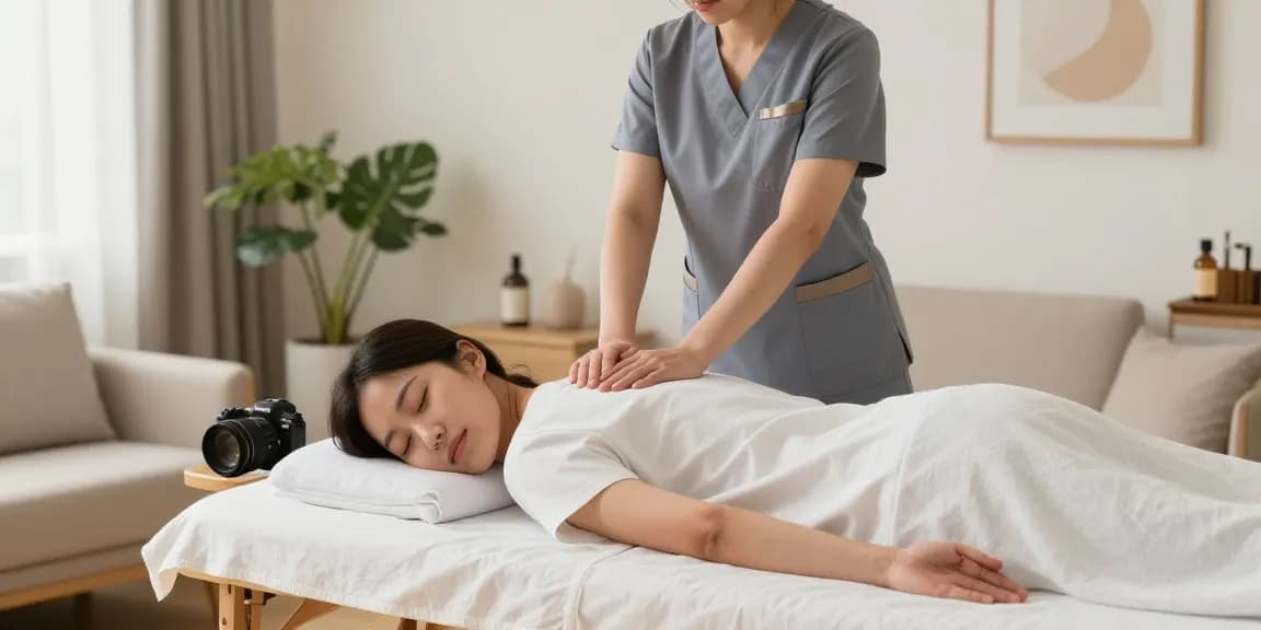 Korean therapist delivering 영등포출장안마 service in a serene home setting with soothing decor.
