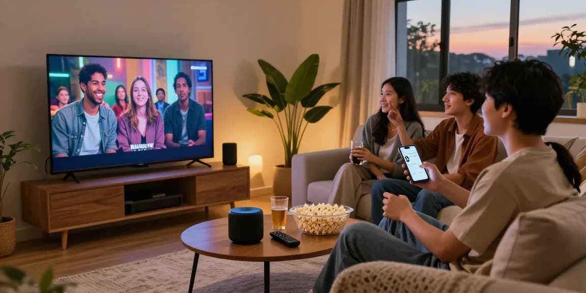 Group of friends enjoying a movie night with Pikashow APK streaming on TV