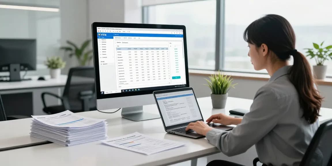 Una mujer analizando etn facturación en su computadora, rodeada de documentos y un ambiente de oficina moderno.