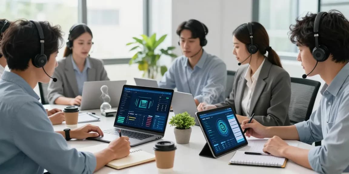 Dynamic IT support team analyzing business IT support services with live data dashboards in a sleek office environment.