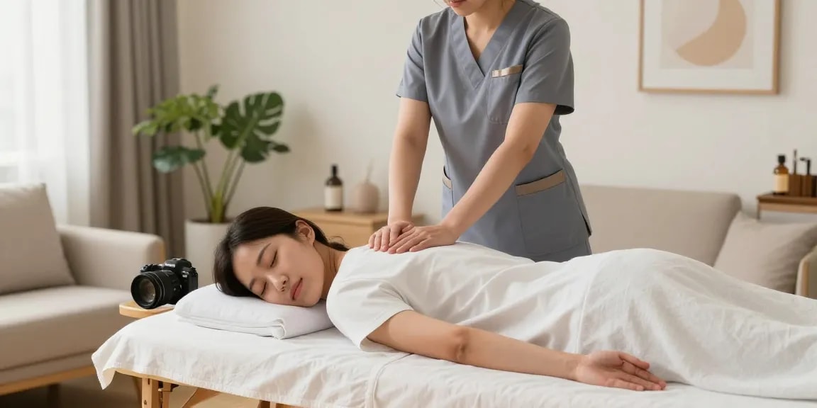 Korean therapist delivering 영등포출장안마 service in a serene home setting with soothing decor.