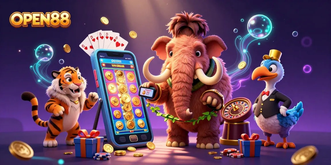 Experience the vibrant world of OPEN88 with a 3D illustration featuring dynamic casino characters.