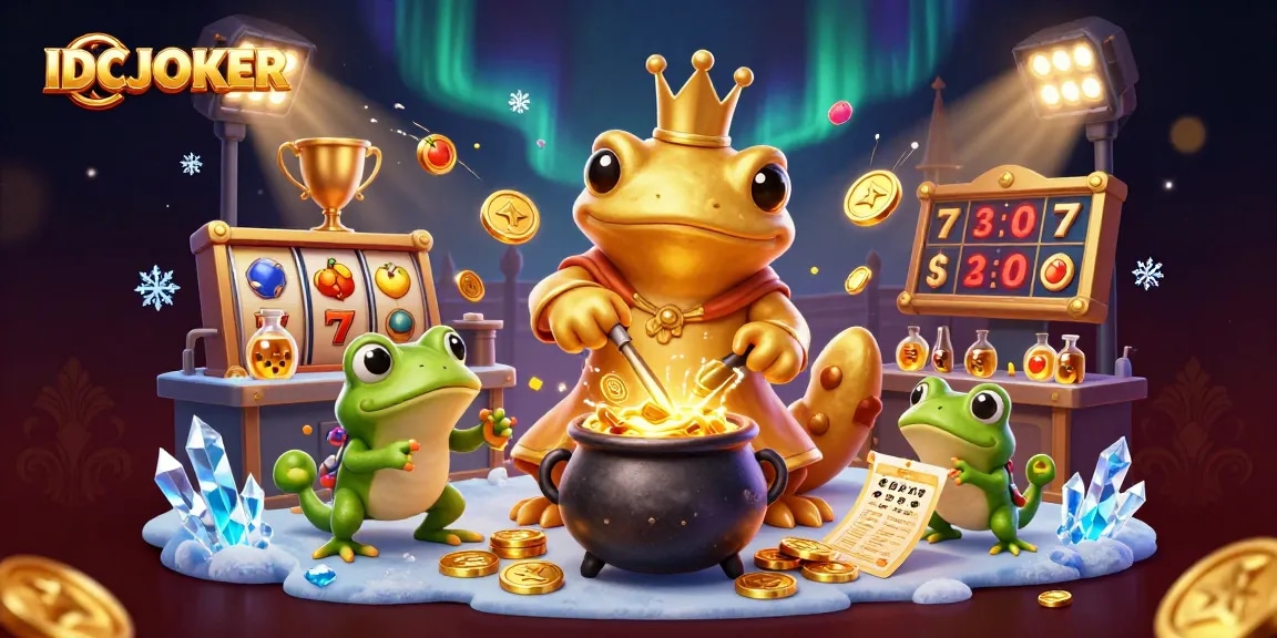 IDCJOKER presents a dynamic 3D scene featuring a giant salamander alchemist and casino elements.