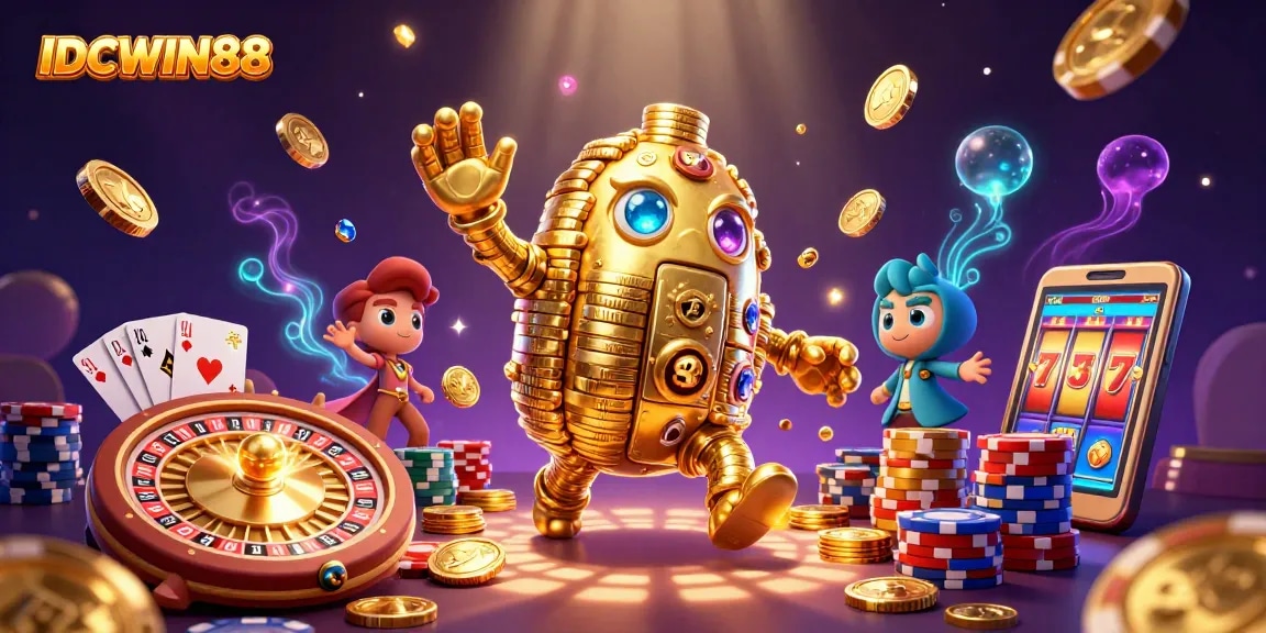 Spin the jackpot with IDCWIN88's vibrant 3D illustration featuring slots, golems, and lively casino elements.