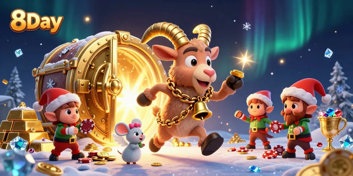 Experience the thrilling action at 8Day with a festive casino scene full of characters and treasures.