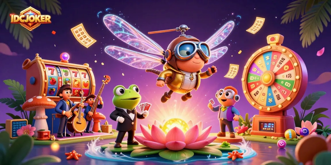 Experience the excitement of IDCJOKER with vibrant slot reels and dynamic casino action in a colorful illustration.