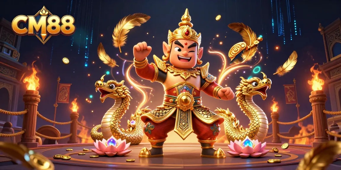 Experience thrilling gameplay at CM88 with a vibrant illustration of Asian casino elements and guardians.