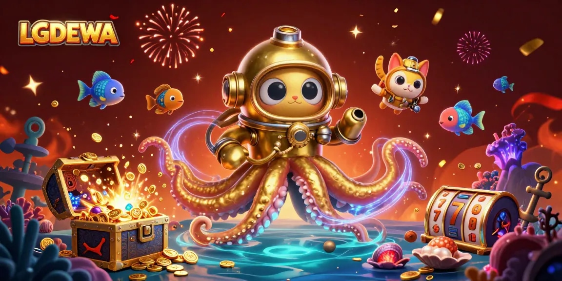 Join LGODEWA for thrilling slot action amidst a vibrant underwater world of treasures and floating slot reels.