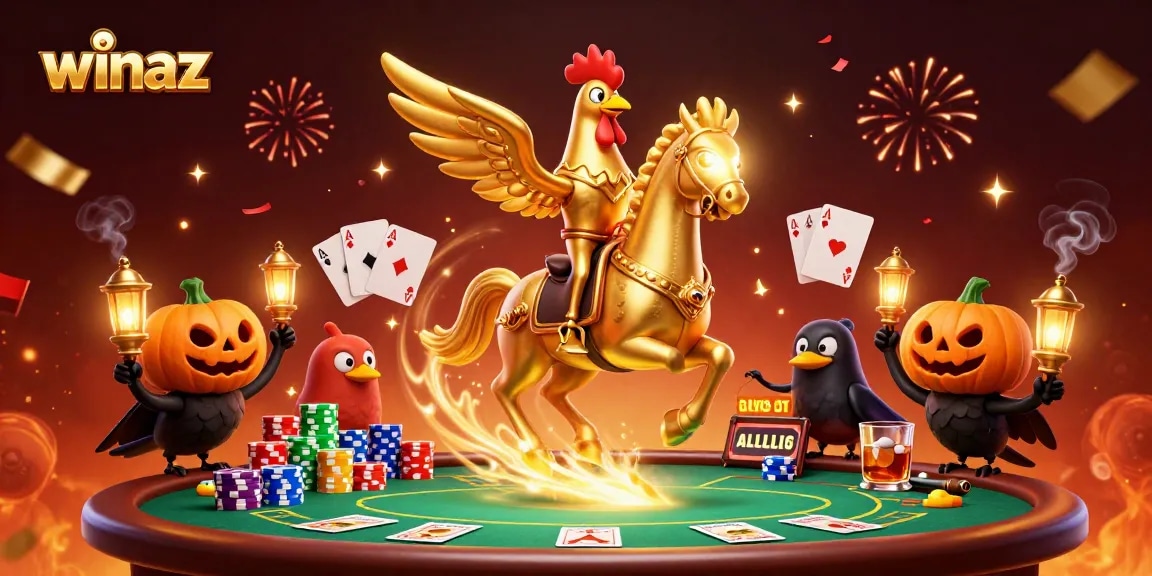 Experience thrilling poker action at winaz with a golden rooster and spectral horse in a vibrant casino scene.