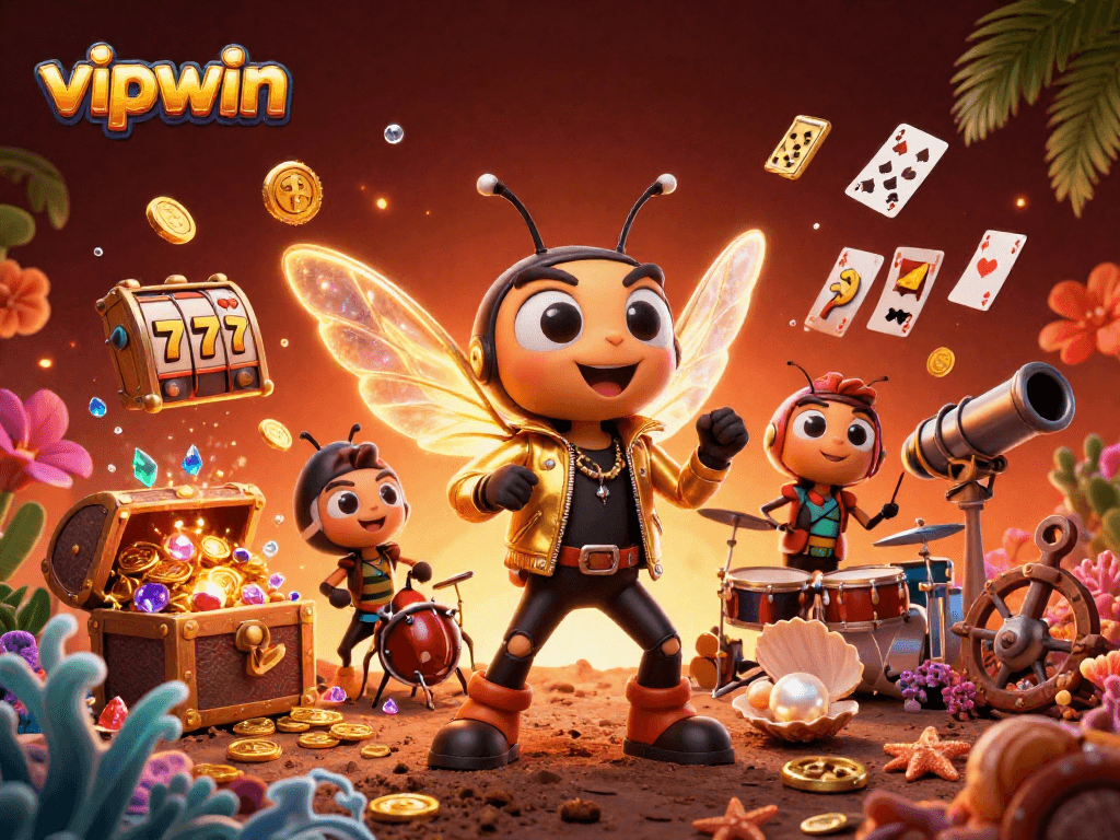 Experience thrilling action at vipwin with a vibrant 3D casino scene featuring lively characters and game elements.