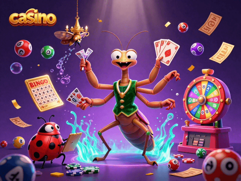 Casino scene with vibrant characters like a mantis card sharp, bingo elements, and lottery balls.