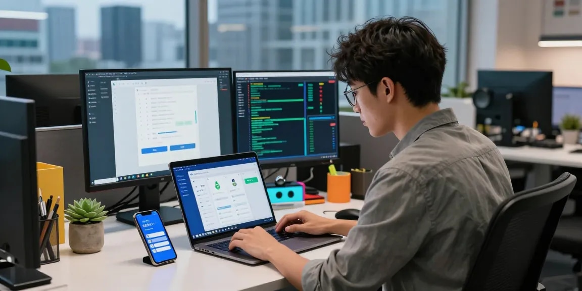 使用爱思助手管理iOS设备的年轻专业人士在现代办公环境中工作