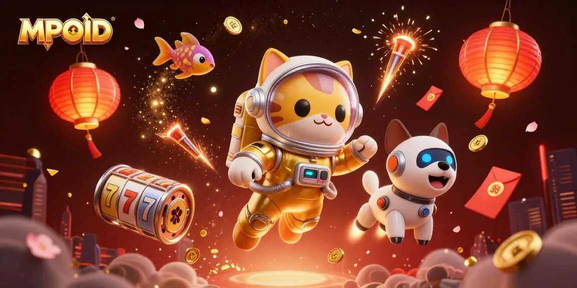 MPOID showcases a thrilling 3D space scene with an astronaut cat, robot dog, and vibrant casino elements.
