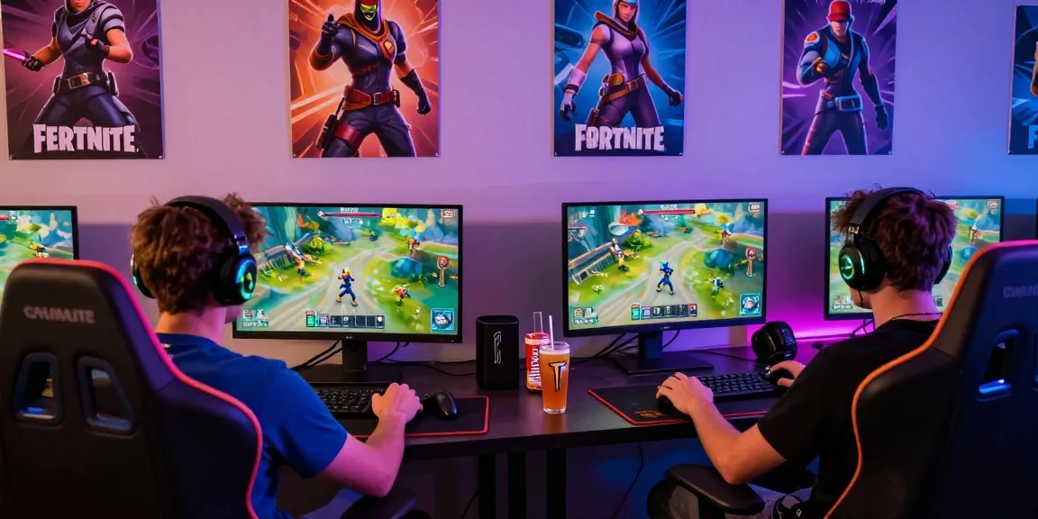 Fortnite Cheat scene with players in action, gaming setup and vibrant atmosphere.