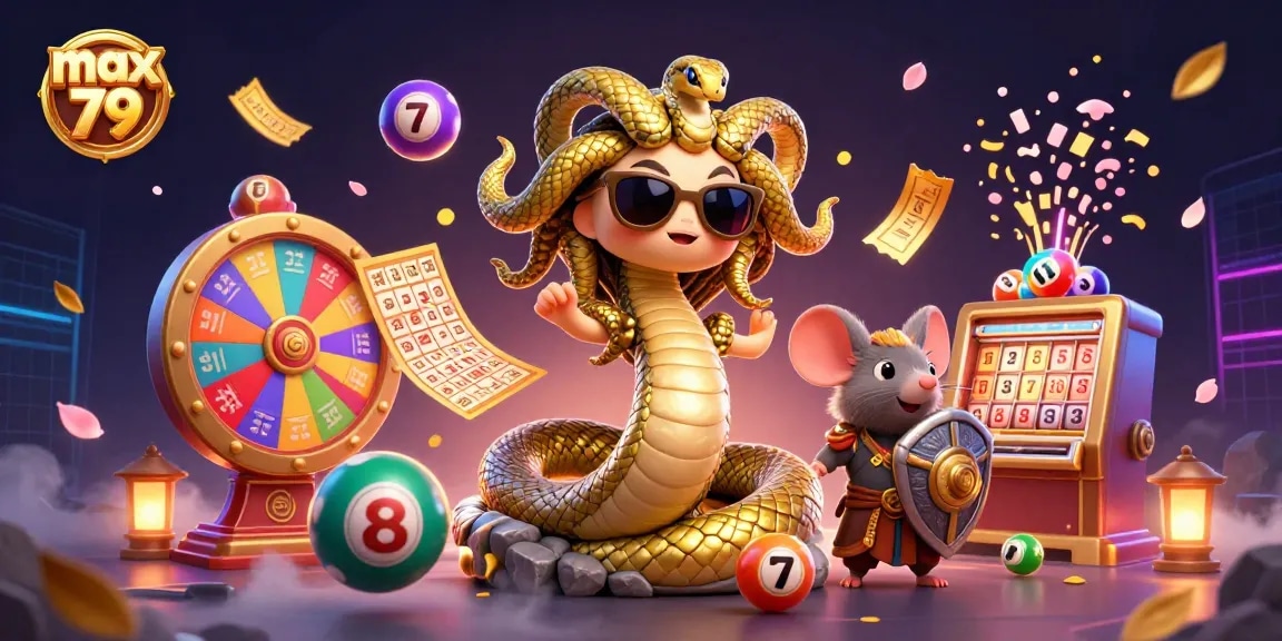 Max 79 casino scene with Medusa and lucky elements like colorful lottery balls and golden tickets.