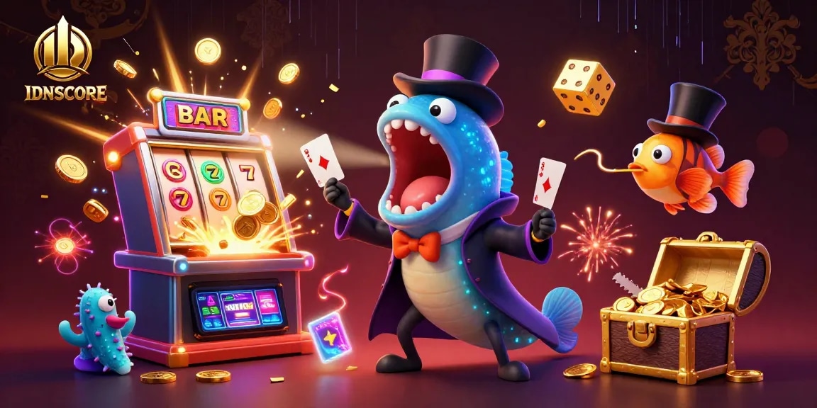 Engage with IDNSCORE's exciting casino experience featuring a unique underwater magic show with vibrant game elements.