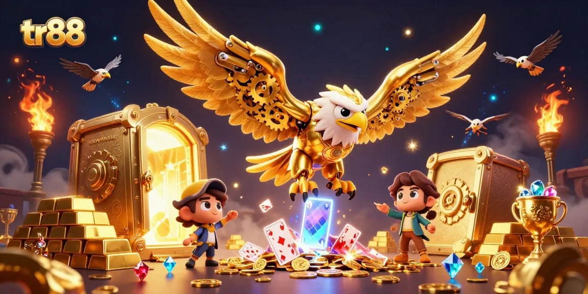 Immerse in thrilling gameplay at tr88, featuring an epic golden eagle soaring through casino treasures and winning cards.