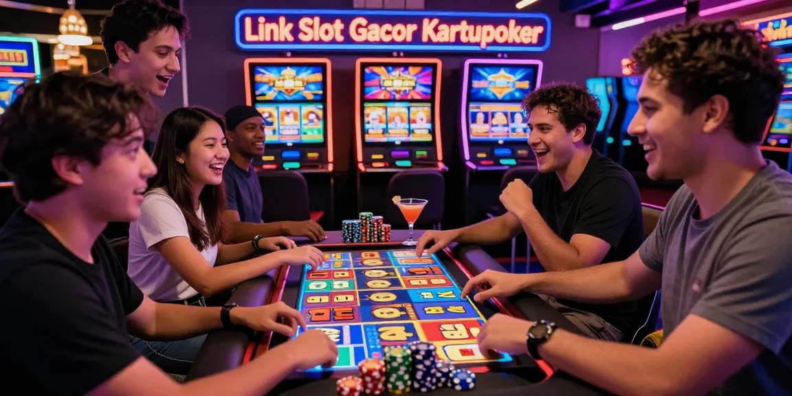 Exciting players engaged with colorful Link Slot Gacor Kartupoker digital slot machine in vibrant online casino setting.