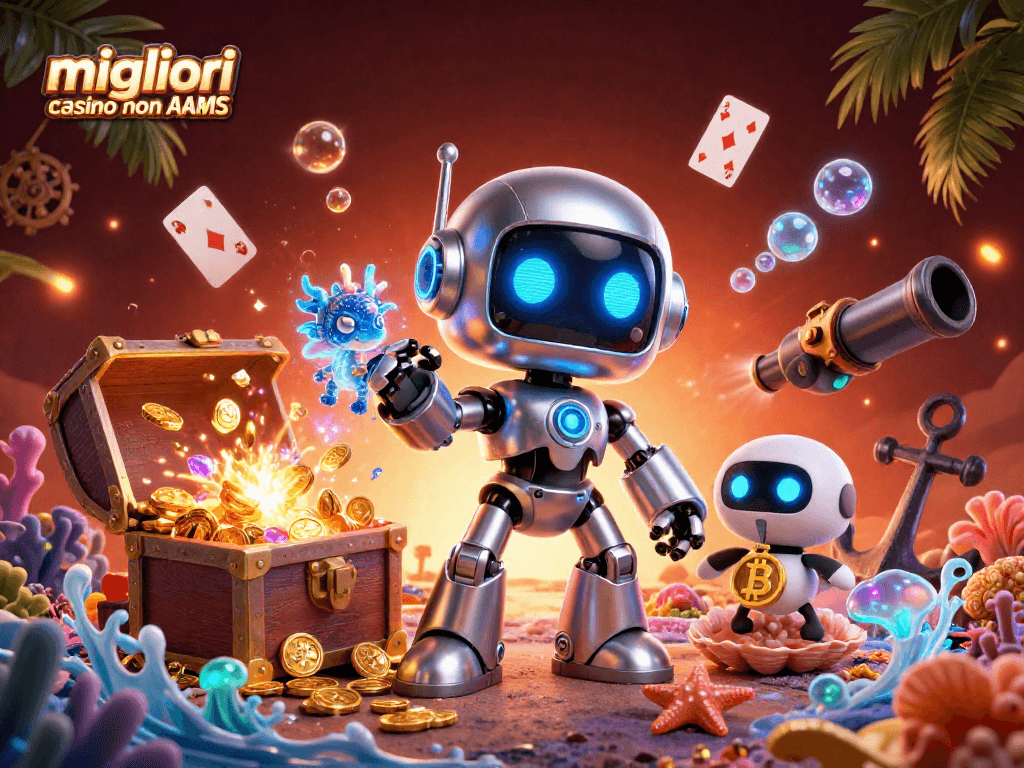 Gioca nei migliori casino non AAMS con un robot e un drago olografico in un'illustrazione 3D colorata.