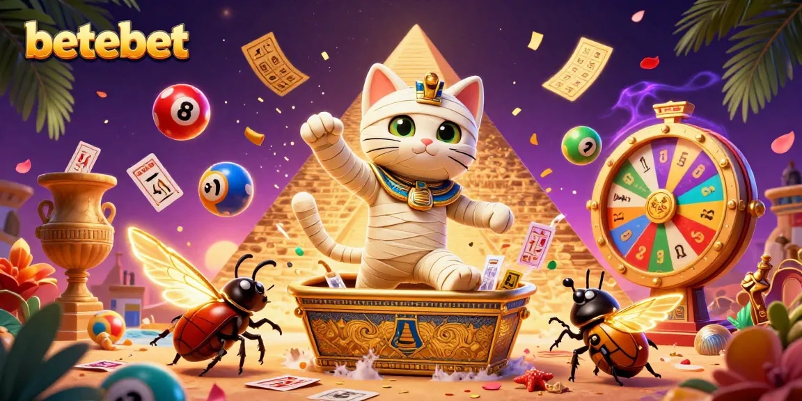 Experience thrilling gameplay with betebet as the Egyptian mummy cat and companions burst into action during vibrant casino games.