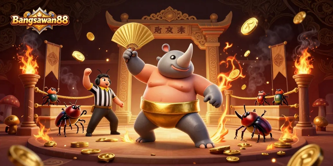 Bangsawan88 showcases an exciting beetle sumo championship with dynamic gold coins flying and rich casino elements.