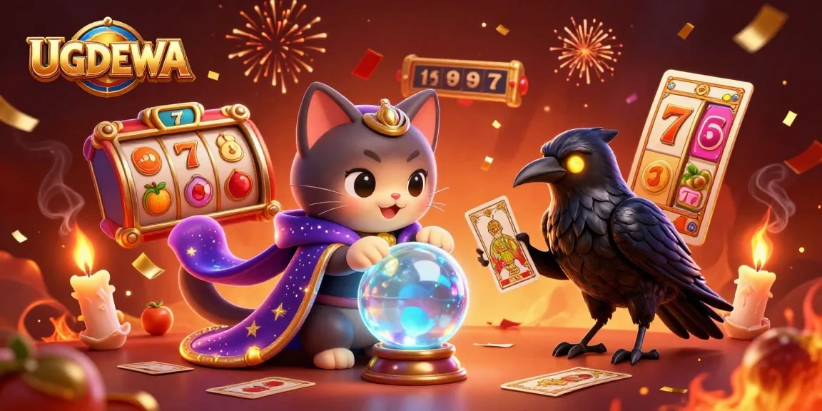 UGDEWA slots scene featuring a mystic cat and raven with exciting slot elements like reels and jackpot symbols.