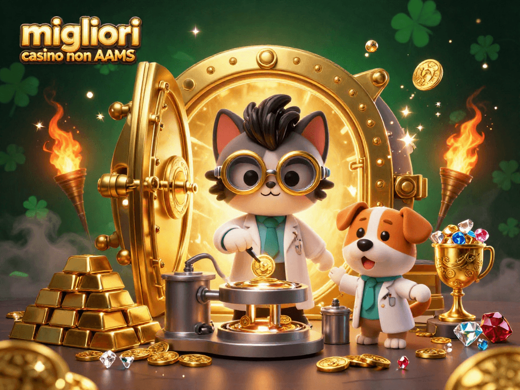 Azione nei migliori casino non AAMS, con un gatto scienziato e un cane in un laboratorio con monete d'oro.
