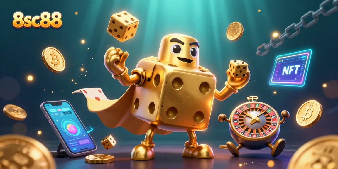 Engage with 8sc88 in a vibrant 3D casino scene filled with golden dice and cryptocurrency elements.