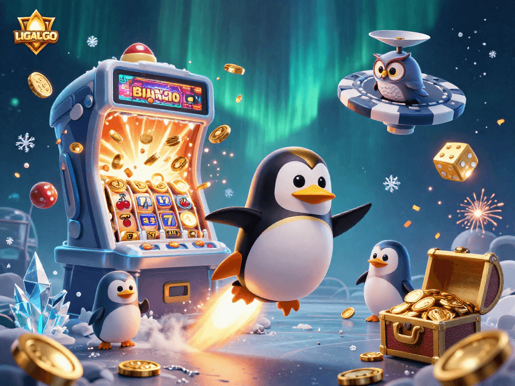 LIGALGO showcases a golden penguin and casino elements in a vibrant, dynamic 3D space scene.