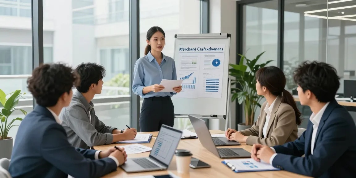 Comparing merchant cash advance vs loan in a business meeting setting with a financial advisor explaining options to small business owners.