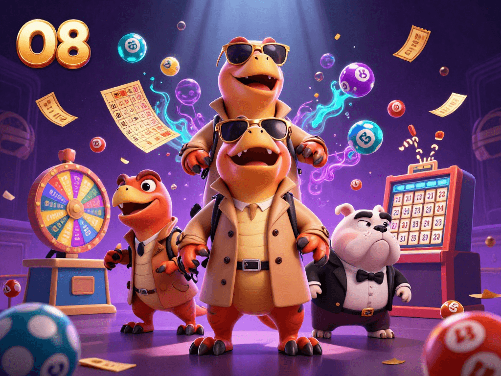 Three raptors disguised as a tall person enter the O8 casino with colorful lottery elements around them.
