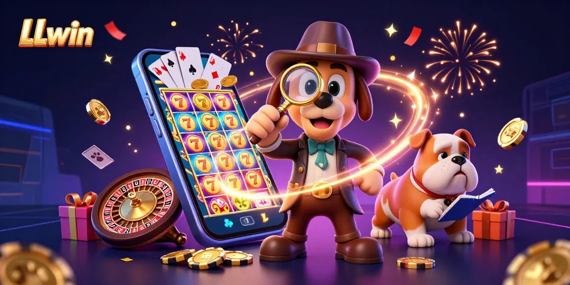 Engage with LLwin's gaming universe, uncovering clues with 3D detective characters amidst vibrant casino elements.