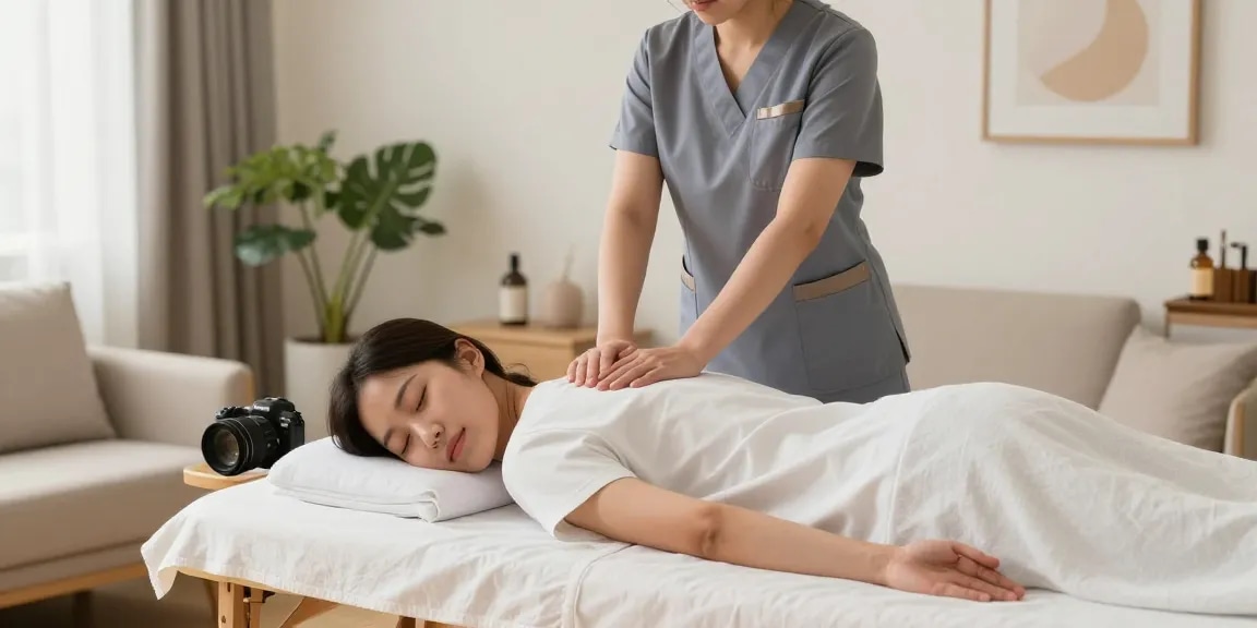 Korean therapist delivering 영등포출장안마 service in a serene home setting with soothing decor.