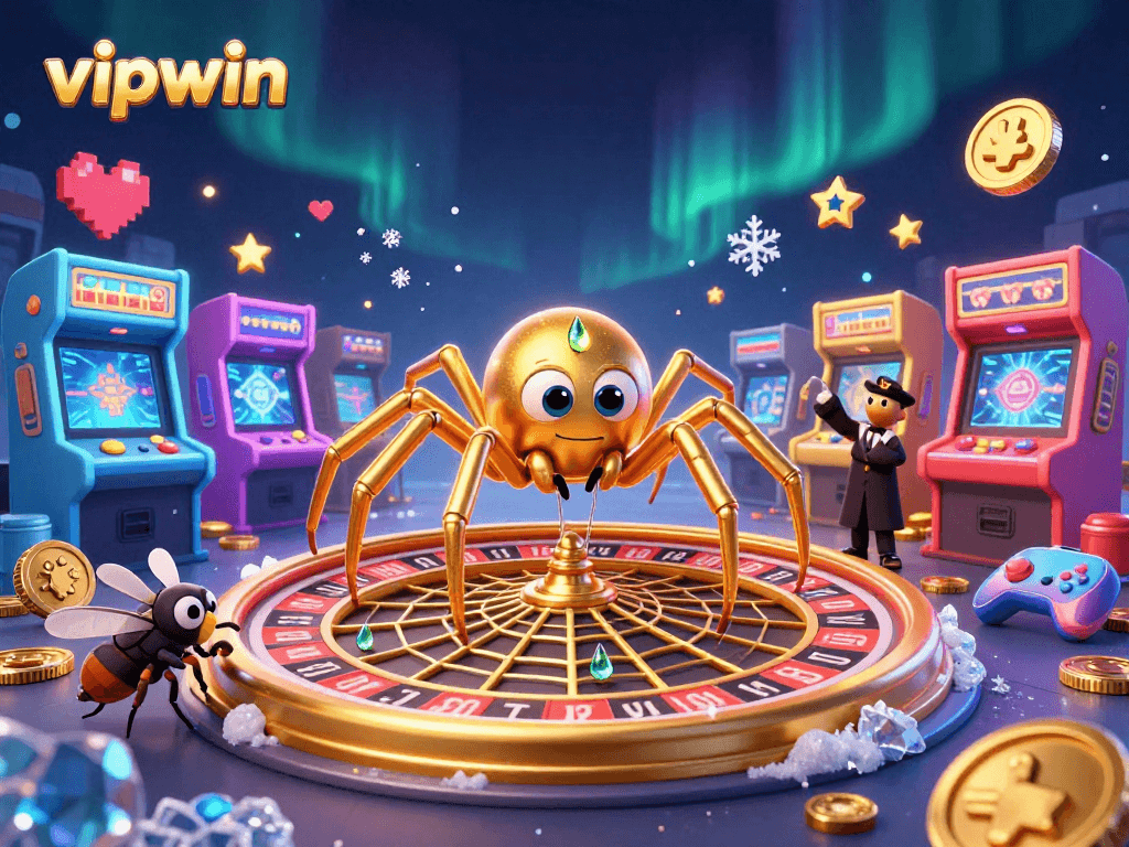 Experience thrilling bets with vipwin's golden spider and vibrant game elements in this dynamic casino scene.