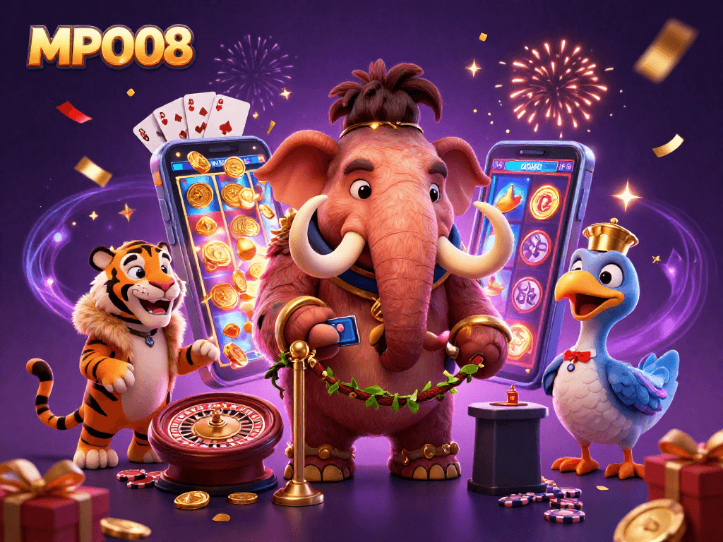 MPO08 offers interactive gaming action with vibrant characters, slot games, and dazzling casino elements.