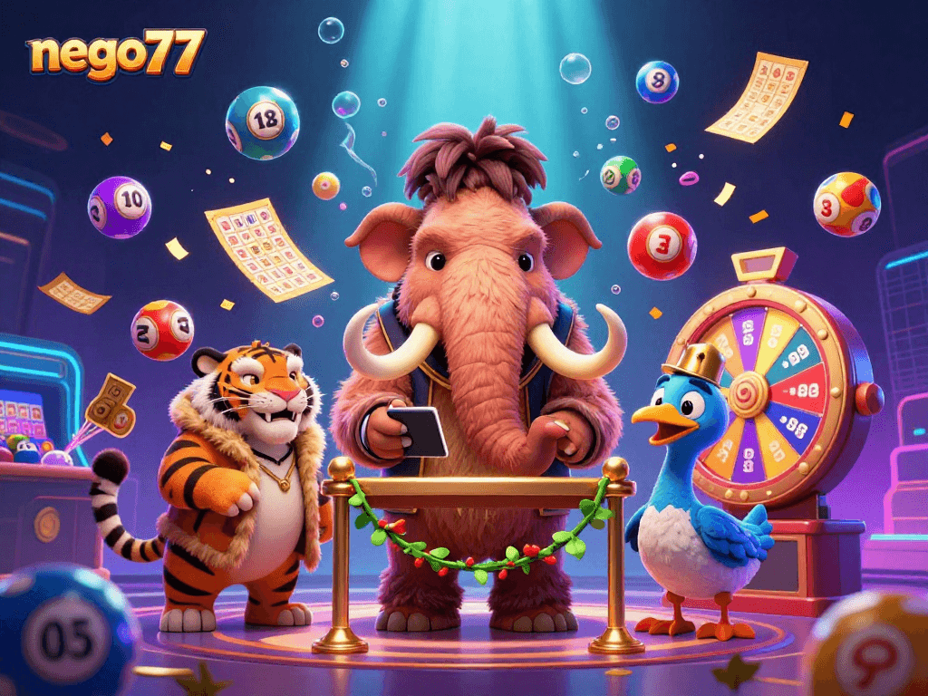 Experience the exciting atmosphere at nego77 with colorful lottery balls and charming characters.