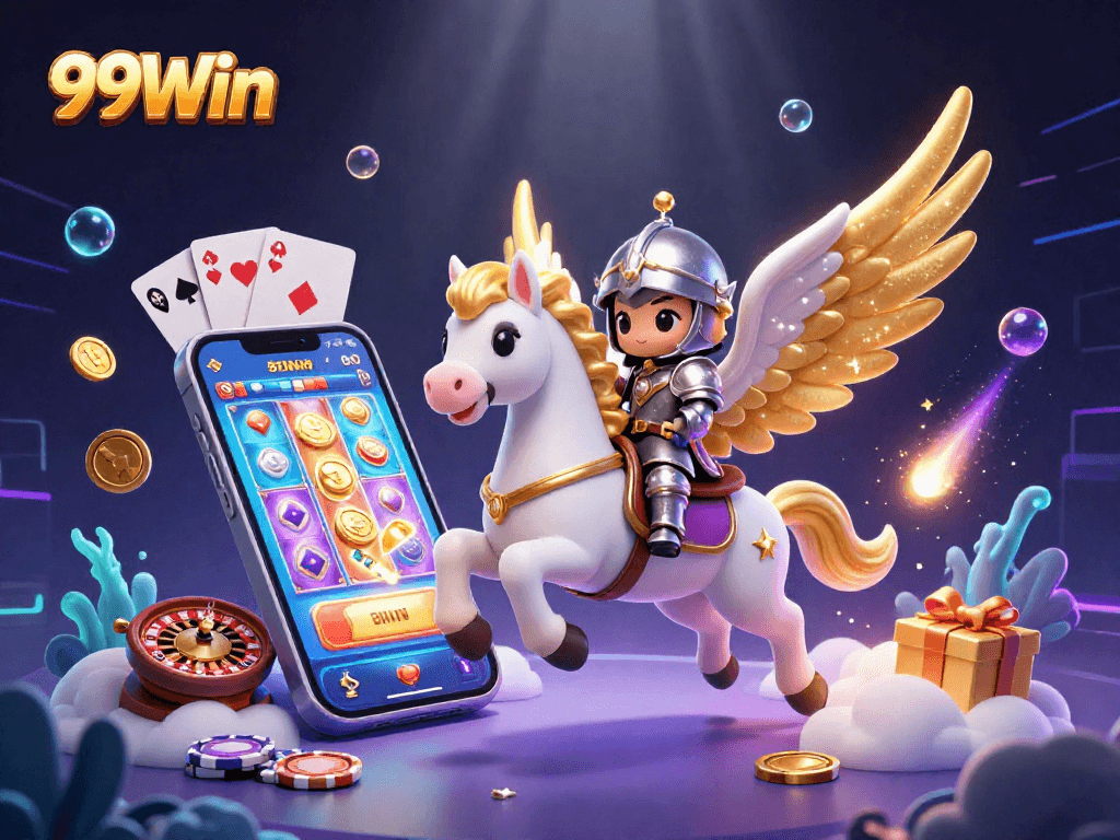 Join the 99Win adventure with vibrant visuals of a golden-winged horse, slot games, and rich casino elements!