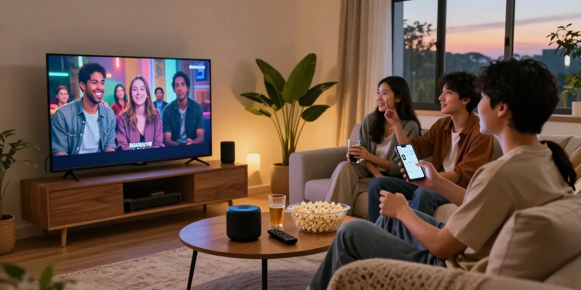Group of friends enjoying a movie night with Pikashow APK streaming on TV