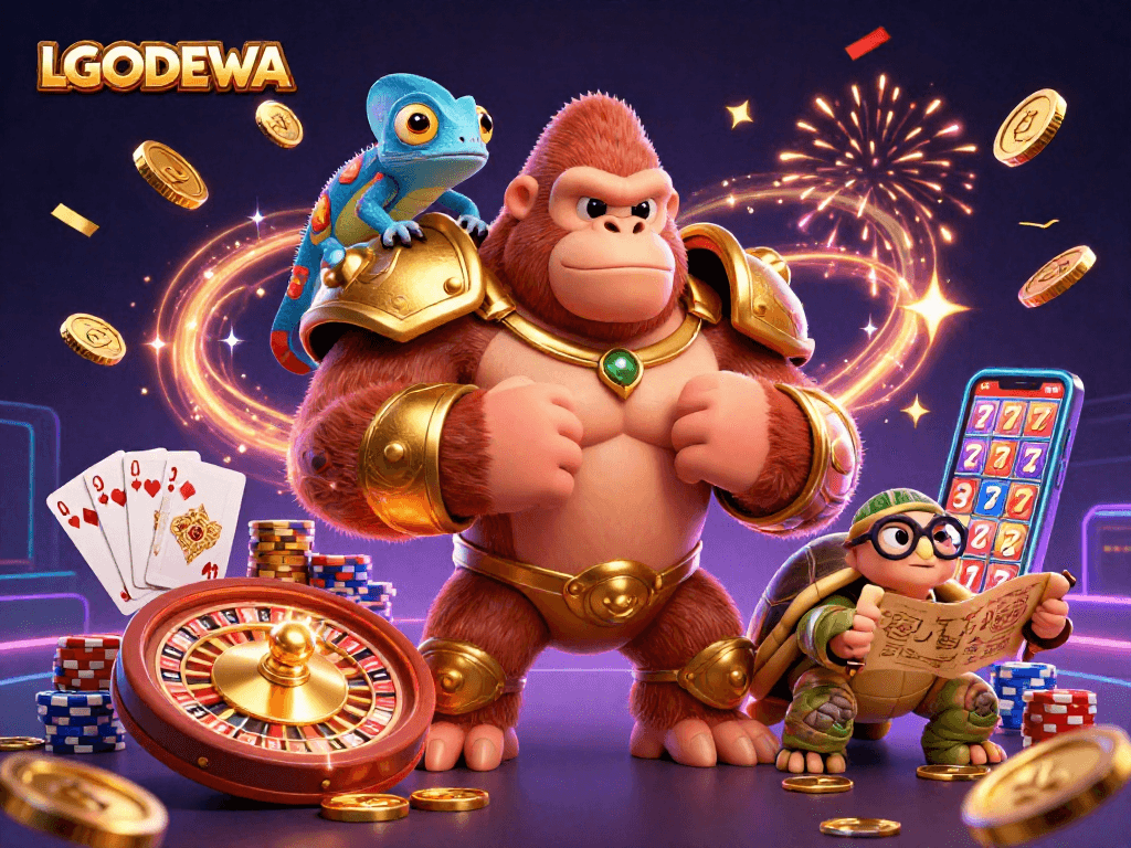 Experience winning excitement with LGODEWA featuring a gorilla king and a colorful chameleon in action.