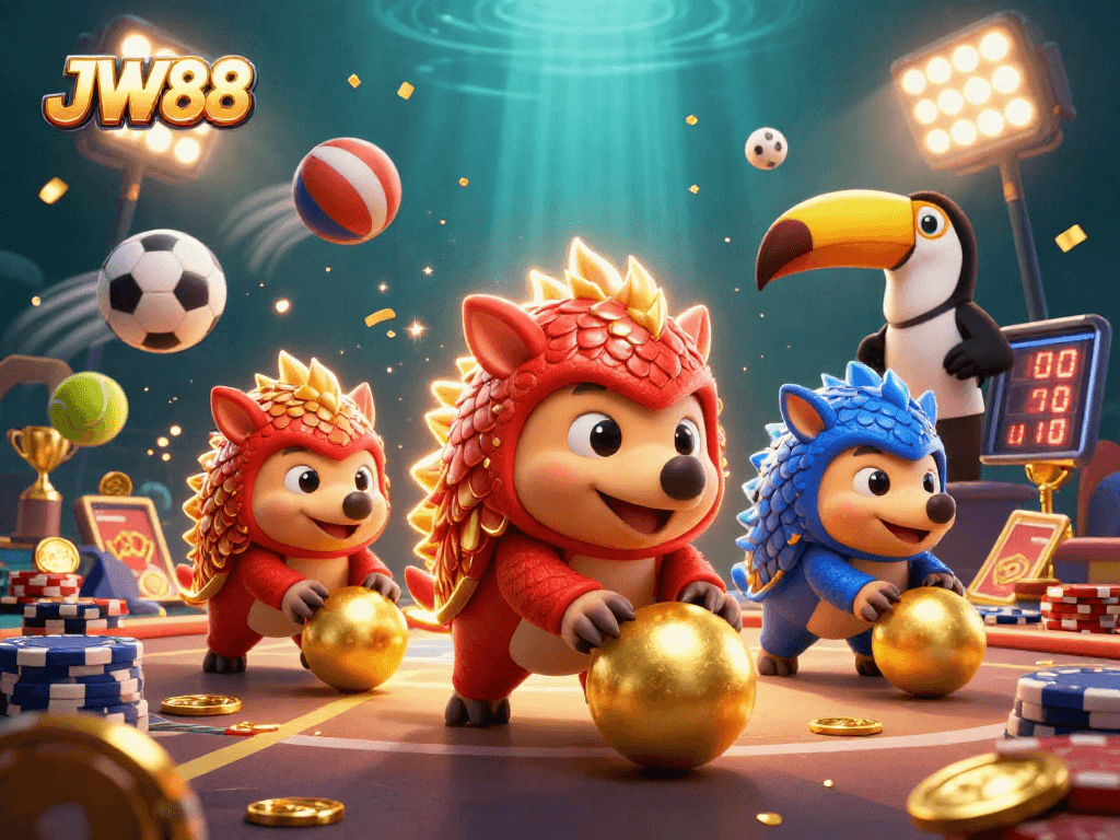 JW88 pangolins bowling through poker chips in vibrant 3D casino scene