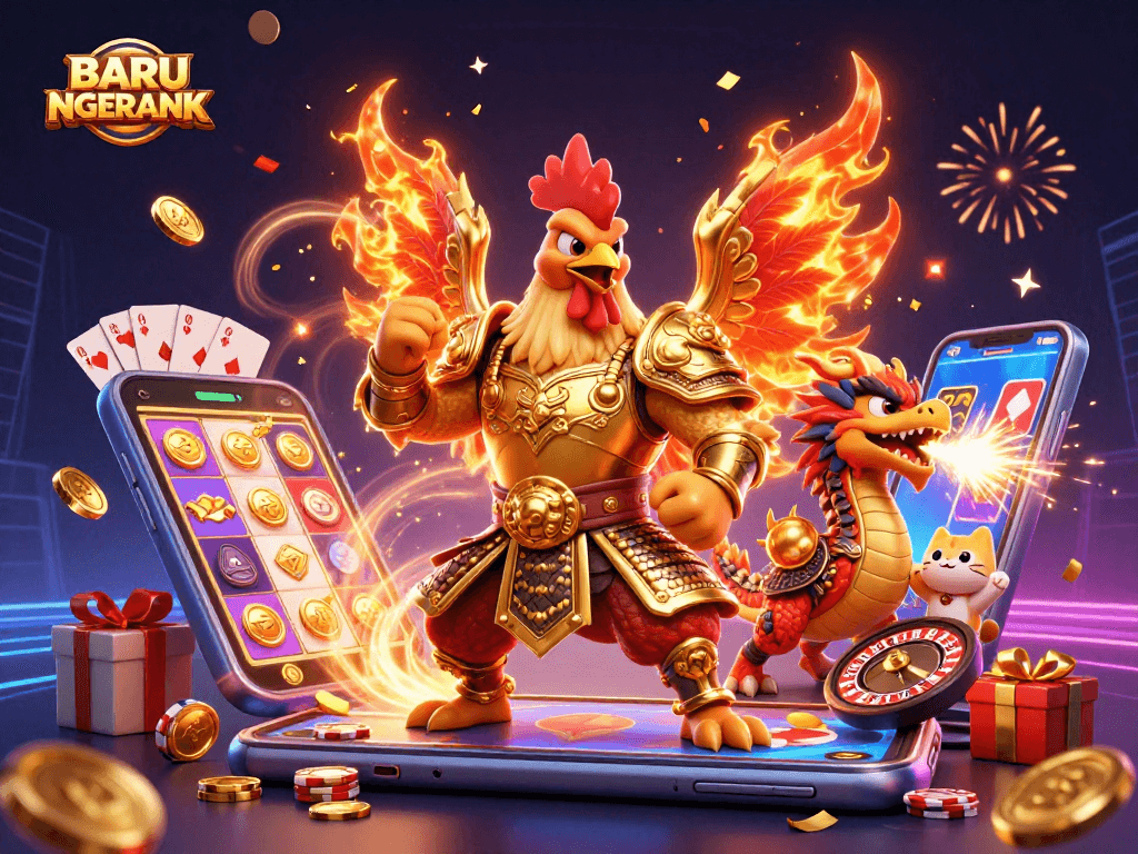 Engage in thrilling gaming action with BARU NGERANK, featuring colorful slot games and dynamic characters.