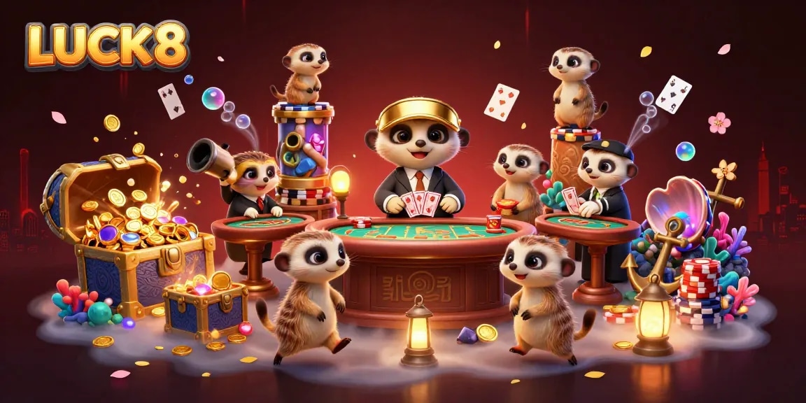 Engage in the thrilling world of LUCK8 with meerkats in a dynamic casino illustration featuring game elements.