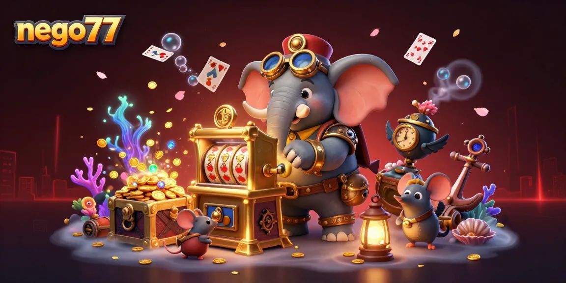Play thrilling slot games with nego77, featuring an engaging steampunk elephant engineer in a vibrant casino scene.