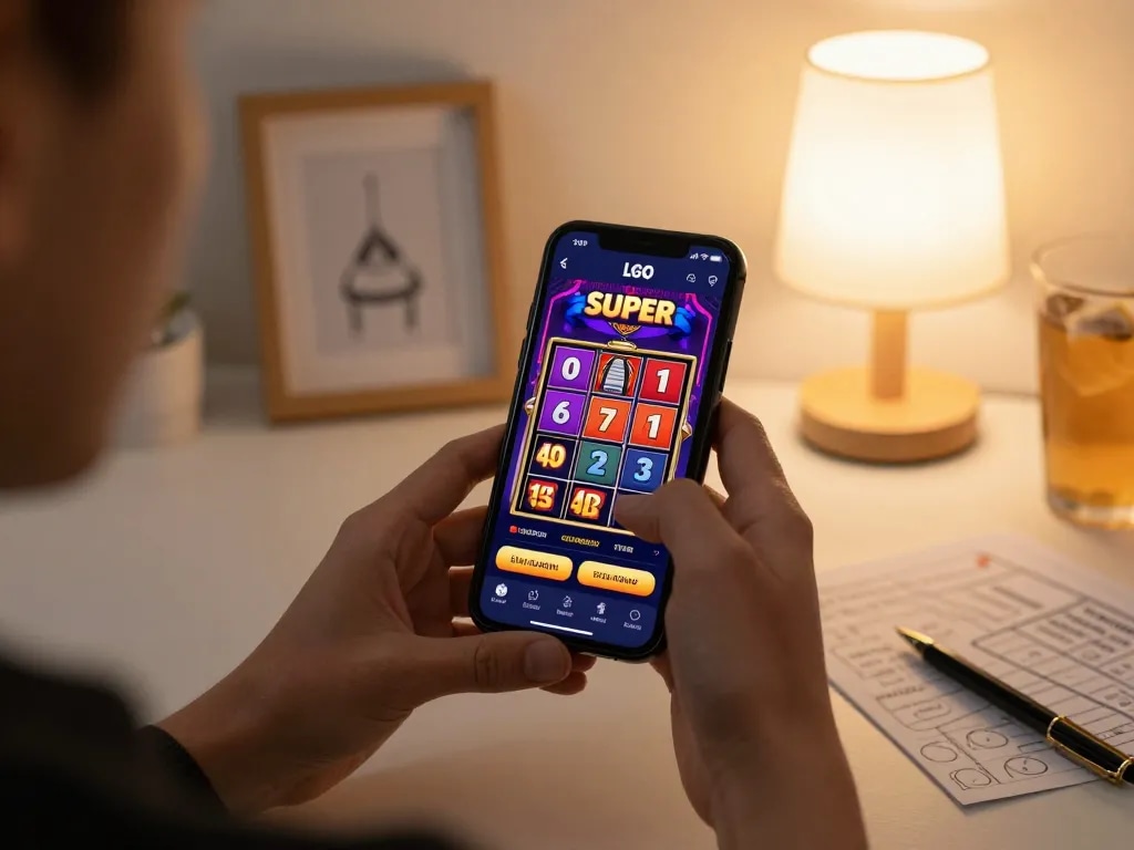 LGO SUPER player enjoying a thrilling slots game on a smartphone, showcasing engaging visuals and strategy notes.