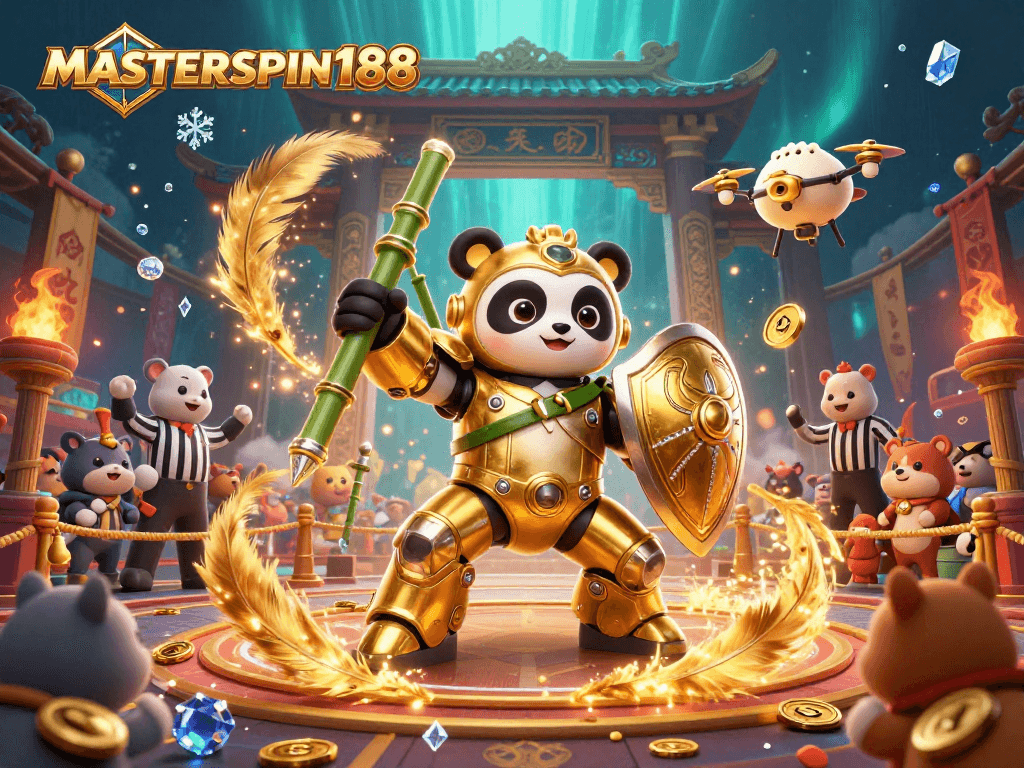 Experience the thrill at MASTERSPIN188 with a vibrant casino arena featuring an animated mech-suit panda.