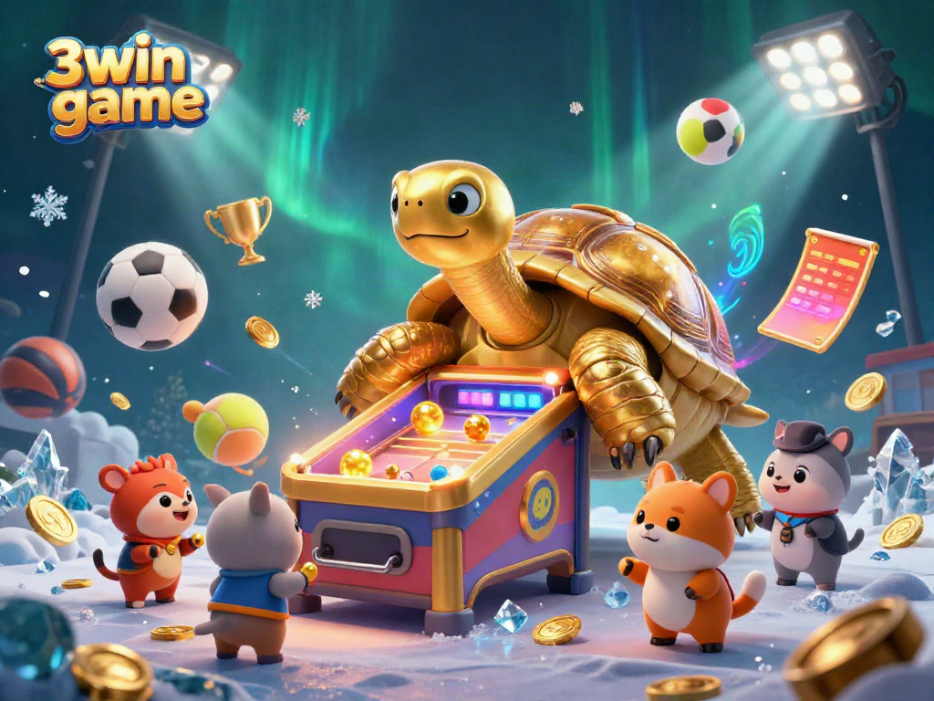 Engage with 3win game in a vibrant 3D casino scene featuring a golden tortoise pinball machine.