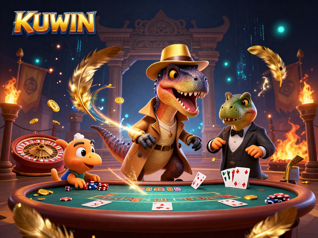 Engage with KUWIN's vibrant live casino scene featuring a clever velociraptor at the blackjack table.