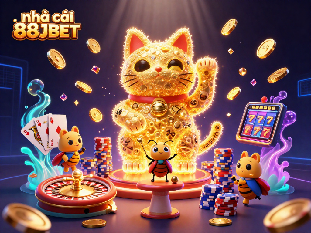 Engage with nhà cái 88JBET's thrilling casino experience featuring a lucky cat and festive gaming symbols.