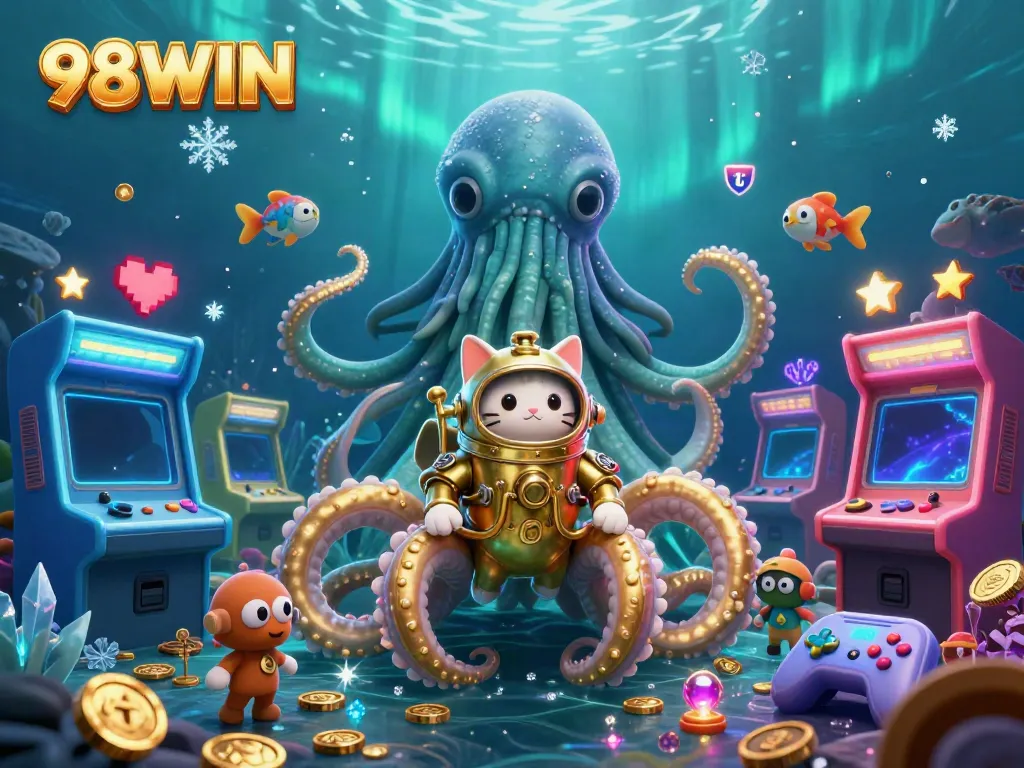 Engage with the world of 98WIN as a colossal kraken and diving cat mix with vibrant arcade game elements in this stunning ocean scene.