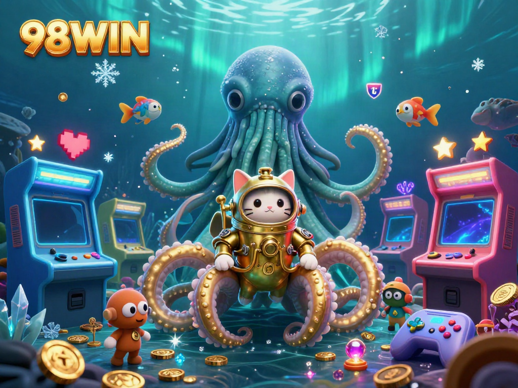 Engage with the world of 98WIN as a colossal kraken and diving cat mix with vibrant arcade game elements in this stunning ocean scene.